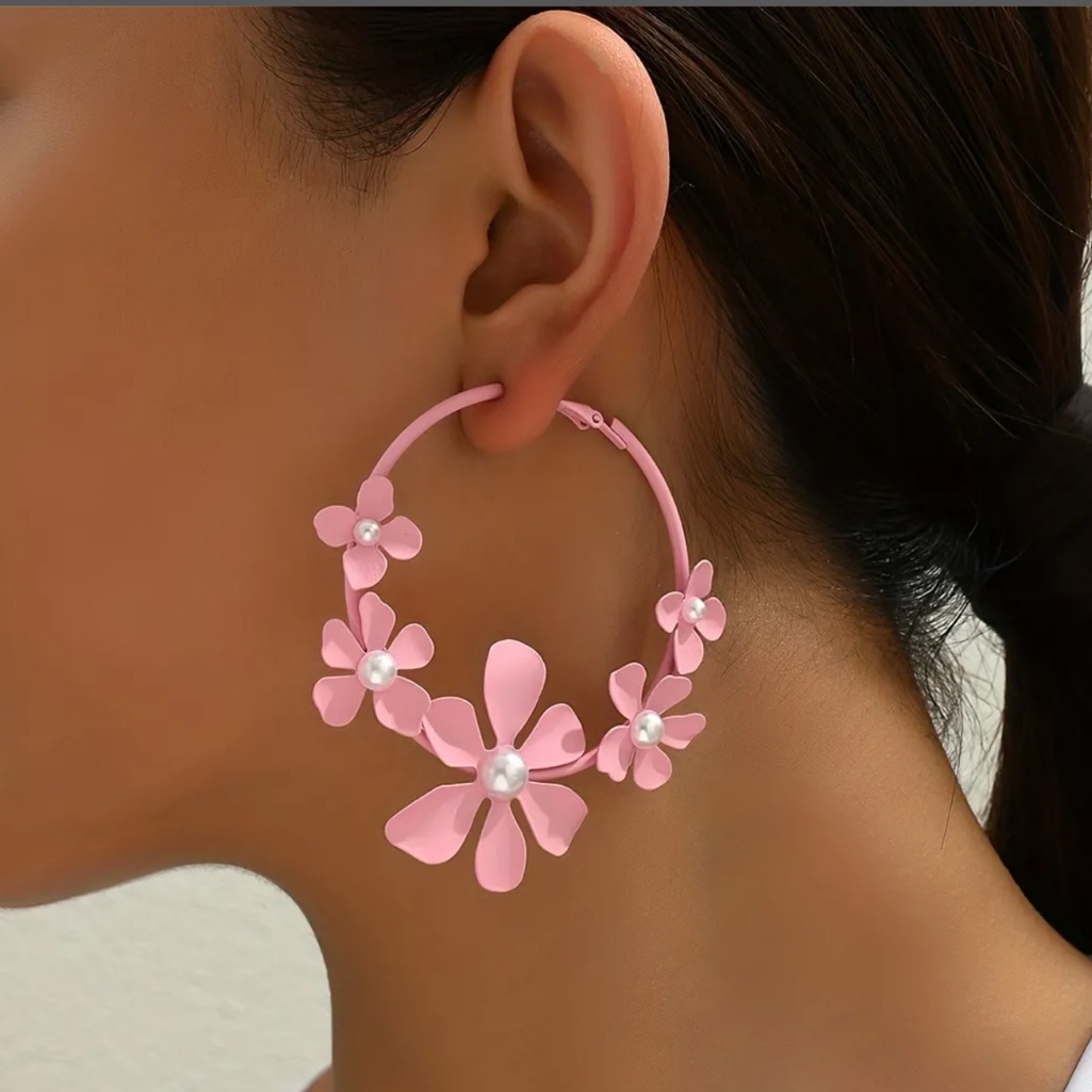 Oversized Pink Resin Coated Flower Hoop Earrings